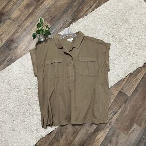 J.Jill Large Petite Brown Cap Sleeve 100% Cotton Pullover Utility Camp Shirt